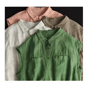 Áo sơ mi linen sát nhách cổ đức hai túi vuông vạt bo - NU8946