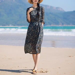 Đầm liền linen ngắn tay cổ tròn in những chiếc lá - NU9900