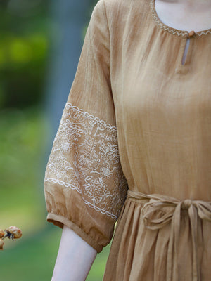 Đầm liền linen ngắn tay cổ tròn một khuy thêu hoa văn - NU8785