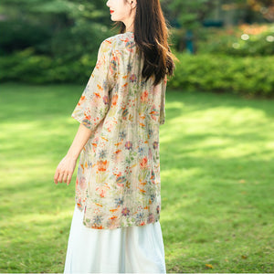 Đầm liền linen ngắn tay cổ tròn kiểu sườn xám in hoa lá - NU9988
