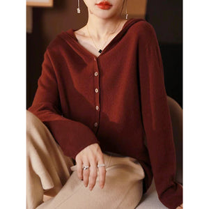 Áo khoác len cashmere dệt kim dài tay có mũ khuy cài - NU9563