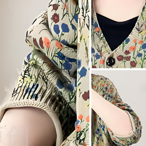Áo len cardigan dài tay cổ V in hoa liti hai túi - A506