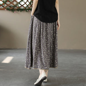 Chân váy linen lưng thun in hoa liti vạt đính ren - NU10127
