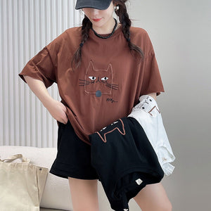 Áo T-shirt ngắn tay mặt mèo cổ tròn - NU9956