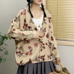 Áo khoác len cardigan dài tay cổ V in hoa lá form rộng - NU9231