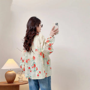 Áo sơ mi linen dài tay cổ pipi in hoa đỏ - A684