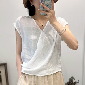Áo T-shirt linen sát nách cổ V kiểu vạt chéo - NU10293
