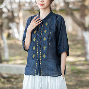 Áo sơ mi linen ngắn tay cổ pipi thêu những hình thoi - NU10149