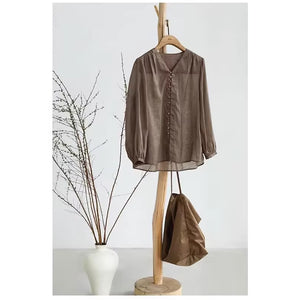 Áo sơ mi linen dài tay cổ V kiểu nhiều khuy cài - NU9053