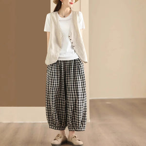 Quần baggy linen lưng thun kẻ caro gấu bo chun - Q209