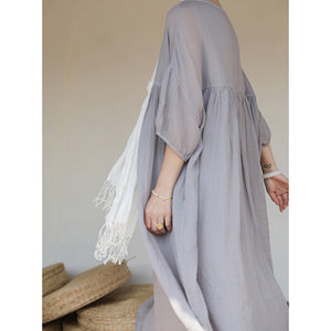 Đầm liền linen ngắn tay cổ tròn eo xếp ly đơn sắc - NU9038