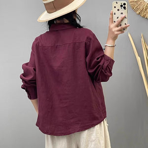 Áo sơ mi linen dài tay cổ đức thêu hoa vạt kiểu - NU9246