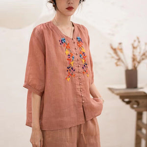 Áo sơ mi linen ngắn tay cổ V thêu hoa lá khuy tròn - NU10059