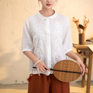 Áo sơ mi linen ngắn tay cổ pipi thêu hoa đối xứng đồng màu - NU10284