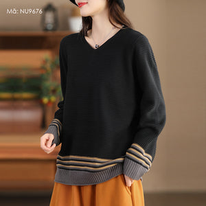 Áo len dài tay cổ V phối kẻ sọc - NU9676