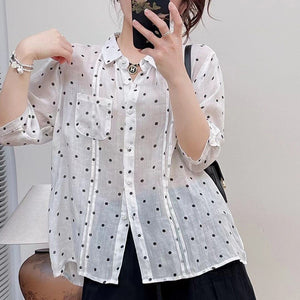 Áo sơ mi linen ngắn tay cổ đức chấm bi một túi - NU10437