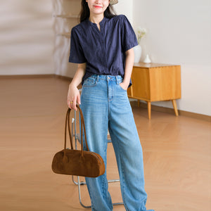 Áo sơ mi linen ngắn tay cổ V thêu đan hoa lá - A912