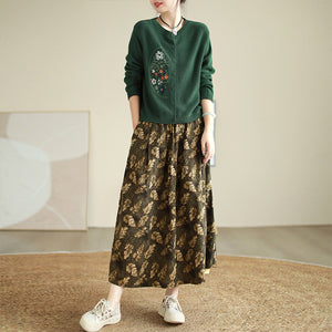 Chân váy linen retro lưng thun in những chiếc lá - NU9250