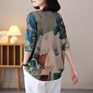 Áo T-shirt dệt kim ngắn tay cổ tròn in cô gái và chú cún - NU8910