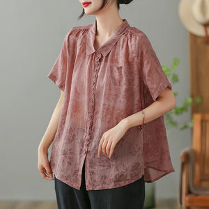 Áo sơ mi linen ngắn tay cổ pipi in hoa lá một túi nhỏ - NU8871
