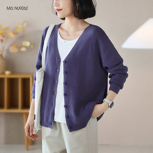 Áo khoác len dệt kim cardigan dài tay cổ V đơn sắc - NU9259