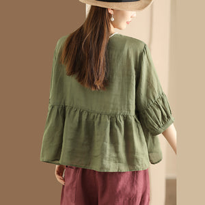 Áo sơ mi linen ngắn tay cổ tròn thêu hoa bướm - A731