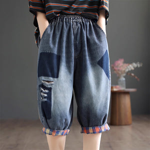 Quần baggy lửng denim lưng thun phai màu ô vuông - NU8752