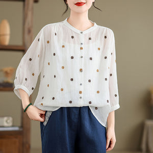 Áo sơ mi linen tay lửng cổ đứng thêu chấm sao - NU10093