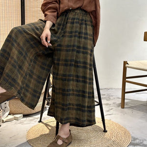 Quần baggy linen lưng thun kẻ sọc caro ống rộng - NU9916