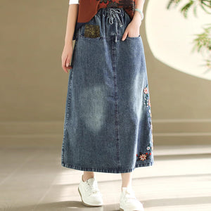 Chân váy denim lưng thun thêu hoa lá hia túi ngang - NU10150