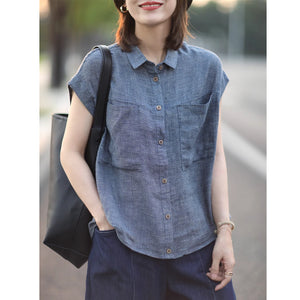 Áo sơ mi linen sát nách cổ đức hai túi kẻ caro - NU8979