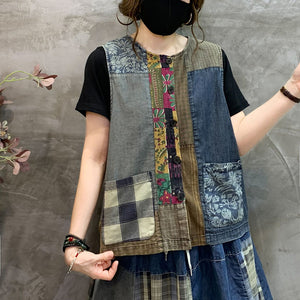 Áo khoác denim gile sát nách hoa văn retro chắp vá - NU9779