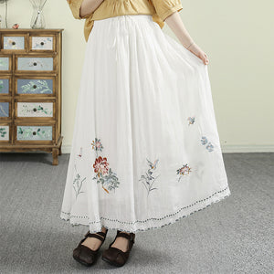 Chân váy linen lưng thun dây rút thêu hoa - V131