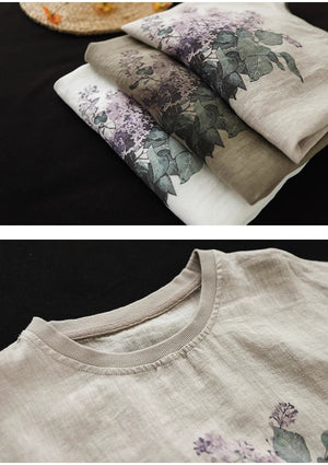 Áo T-shirt linen ngắn tay cổ tròn in mai xanh - NU10092