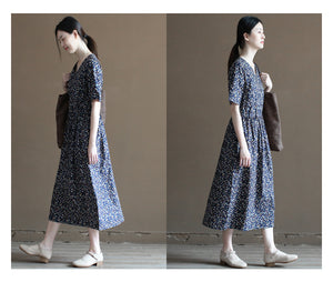 Đầm liền linen ngắn tay cổ V in những chiếc lá sắc màu - NU10019