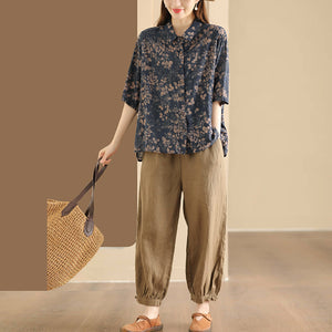 Áo sơ mi linen ngắn tay cổ đức in retro vạt bằng - A941