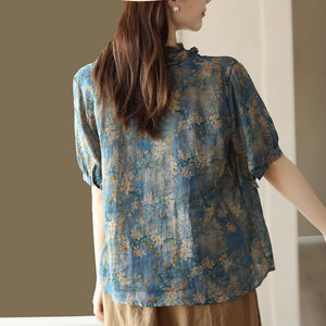 Áo sơ mi linen ngắn tay cổ V xếp ly in hoa liti - NU8926