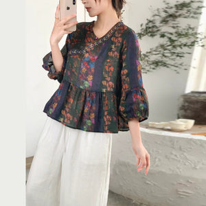 Áo sơ mi linen tay lửng cổ V vạt chéo in hoa lá - A778