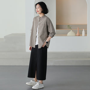 Áo sơ mi linen dài tay cổ đứng kẻ sọc caro - NU9837
