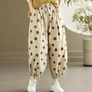 Quần baggy linen lửng lưng thun chấm bi ống đứng - Q144