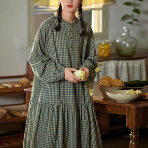 Đầm liền linen Morigirl dài tay cổ đứng kẻ caro - D041