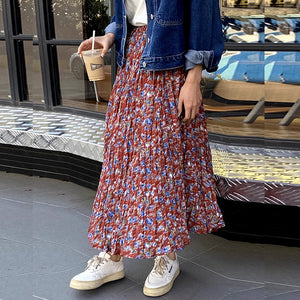 Chân váy linen retro lưng thun xếp ly in hoa lá - NU10041