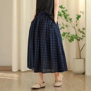 Chân váy linen lưng thun dây rút kẻ caro - V091
