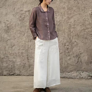 Áo sơ mi linen dài tay cổ cánh sen thêu bo viền - A713