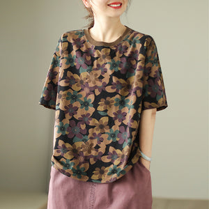 Áo T-shirt ngắn tay cổ tròn in hoa lá form rộng - NU9934