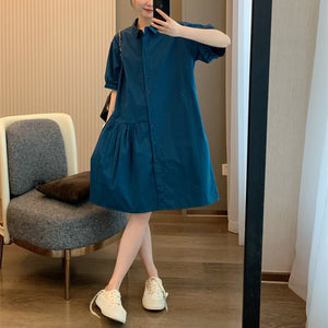 Đầm liền sơ mi ngắn tay cổ đức xếp ly một bên - D003