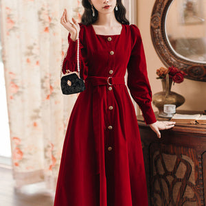 Đầm liền nhung dài tay cổ vuông khuy cài có thắt lưng - NU9540