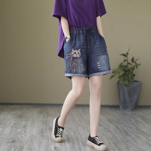 Quần sooc denim lưng thun dây rút thêu chú mèo - NU8956