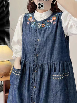 Đầm liền sơ mi denim sát nách thêu hoa lá - NU10054
