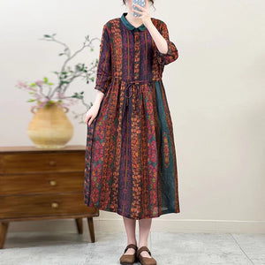Đầm liền linen tay lửng cổ pipi in hoa lá kẻ sọc - NU10263